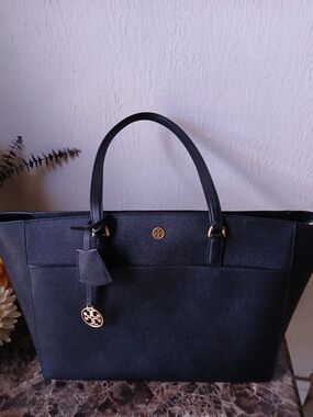 Tory Burch Black Leather Tote with Gold Logo Charm